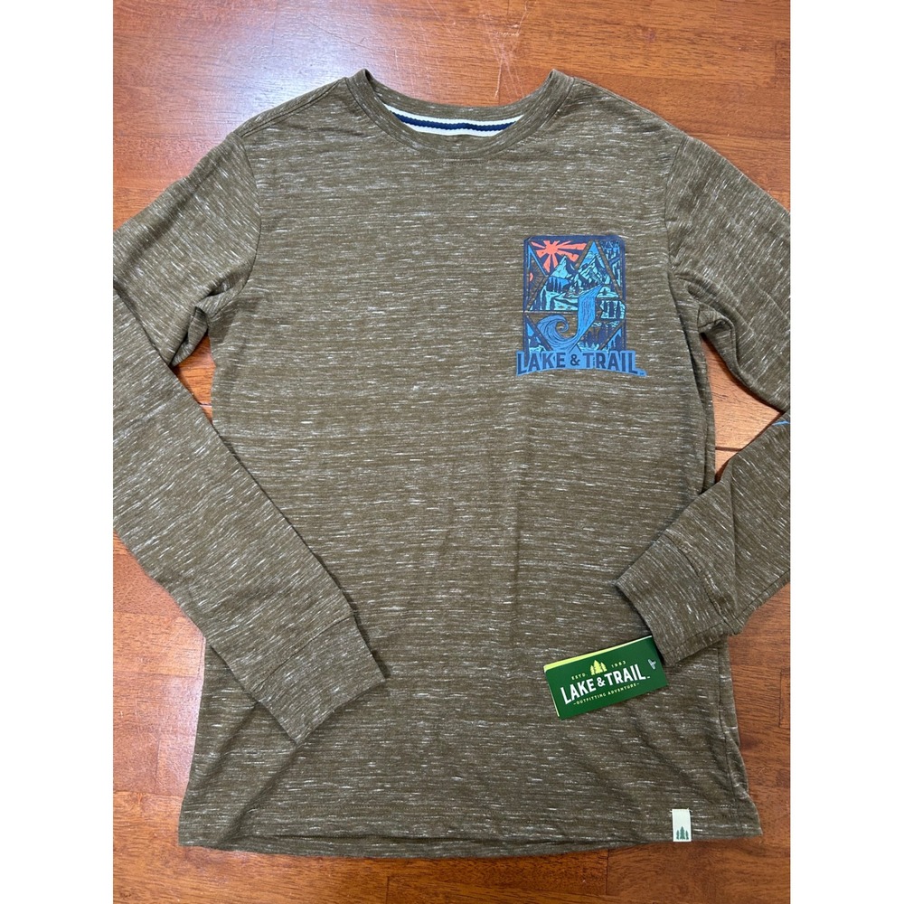 New Lake & Trail Graphic Tee Boys XL 14/16 Green Long Sleeve Recycled Poly Shirt